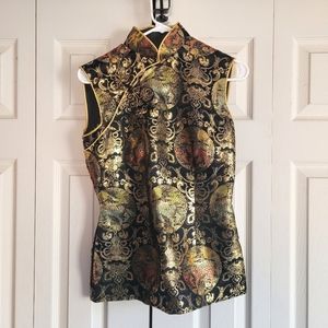 Black and gold cheongsam tank top chinese shirt structured S/M